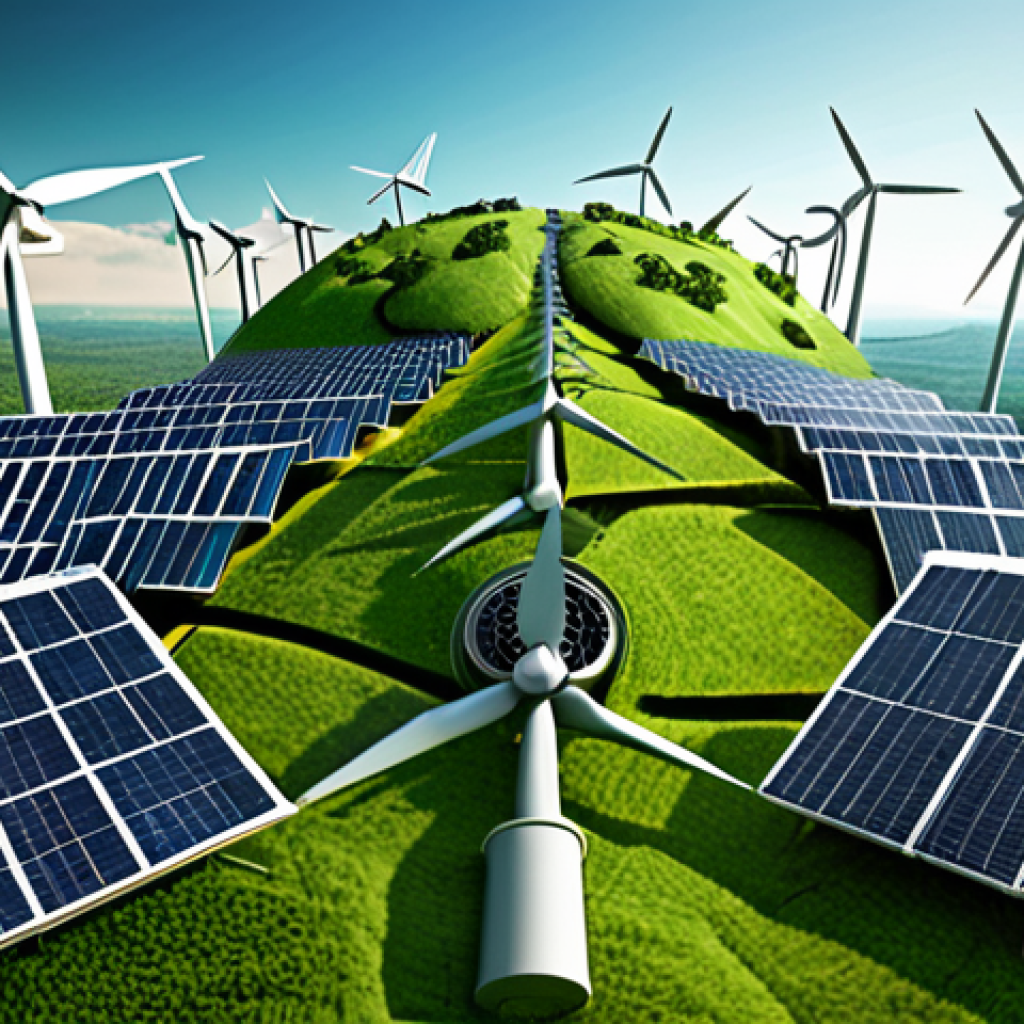 **A lush green planet Earth, emphasizing sustainability and environmental consciousness, with solar panels and wind turbines integrated into a cityscape.** (Focus: Environmental aspect of ESG investing, renewable energy)