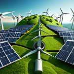 **A lush green planet Earth, emphasizing sustainability and environmental consciousness, with solar panels and wind turbines integrated into a cityscape.** (Focus: Environmental aspect of ESG investing, renewable energy)