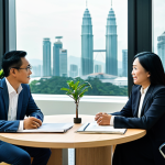 A professional Malaysian businesswoman and a professional Malaysian businessman, fully clothed in modest business suits and appropriate attire, are engaged in a collaborative and thoughtful discussion about sustainable finance principles. They are seated at a modern conference table in a brightly lit, professional office, overlooking the Kuala Lumpur skyline. The environment suggests innovation and responsibility, with subtle green plant elements enhancing the space. safe for work, appropriate content, fully clothed, professional, perfect anatomy, correct proportions, natural pose, well-formed hands, proper finger count, natural body proportions.