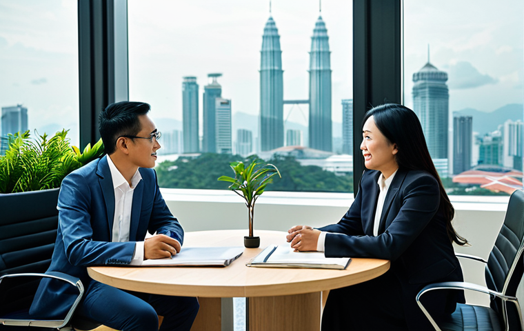A professional Malaysian businesswoman and a professional Malaysian businessman, fully clothed in modest business suits and appropriate attire, are engaged in a collaborative and thoughtful discussion about sustainable finance principles. They are seated at a modern conference table in a brightly lit, professional office, overlooking the Kuala Lumpur skyline. The environment suggests innovation and responsibility, with subtle green plant elements enhancing the space. safe for work, appropriate content, fully clothed, professional, perfect anatomy, correct proportions, natural pose, well-formed hands, proper finger count, natural body proportions.