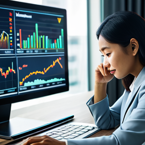 A focused Malaysian professional in modest business attire, sitting thoughtfully at a modern desk. A holographic financial dashboard in front of them subtly blends traditional stock charts with glowing icons representing environmental sustainability, social equity, and good governance. One hand rests on a tablet displaying 'ESG' symbols. The office space is contemporary and bright with natural light. professional photography, high resolution, soft lighting, sharp focus, perfect anatomy, correct proportions, natural pose, well-formed hands, proper finger count, natural body proportions, safe for work, appropriate content, fully clothed, professional.